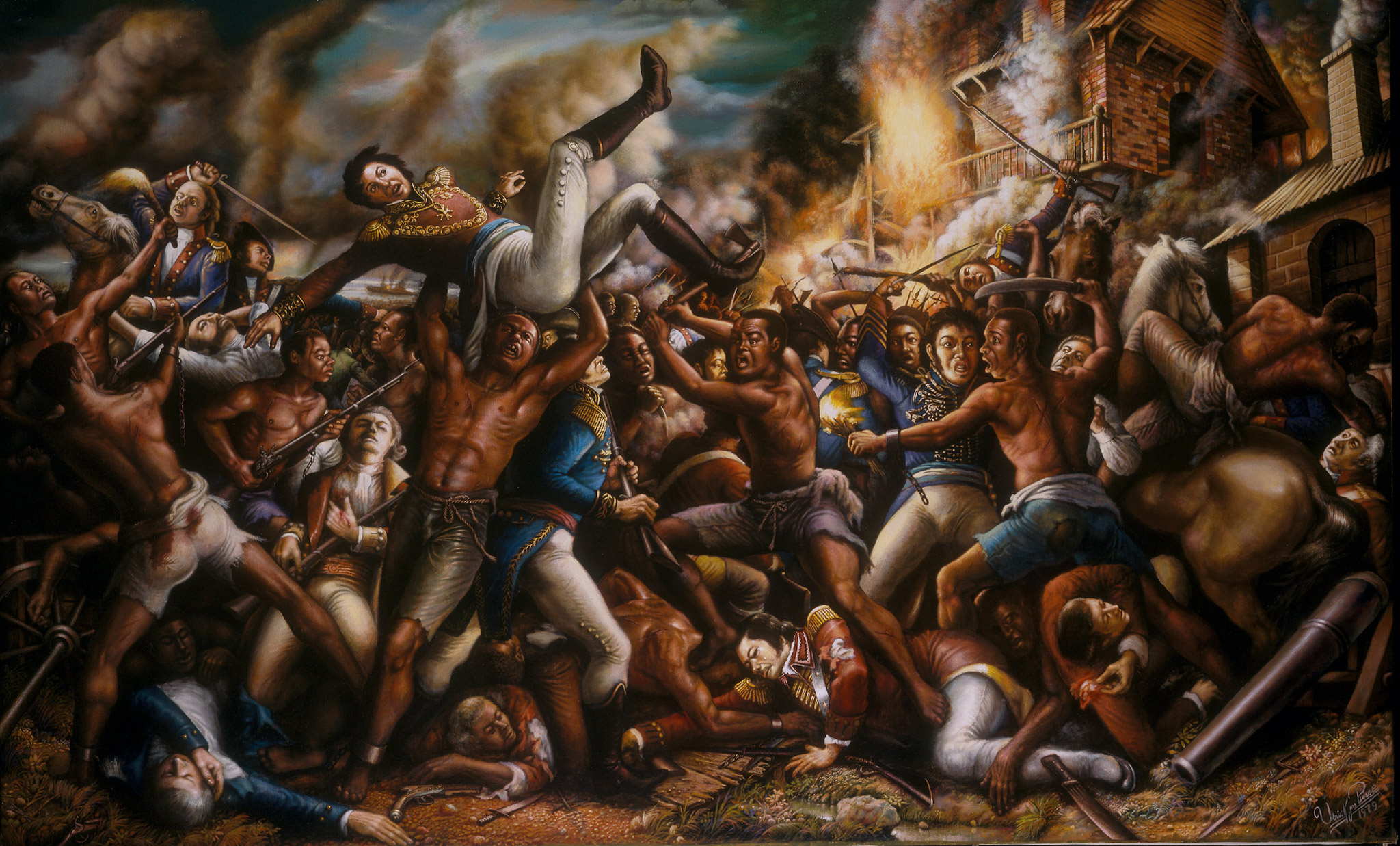 A imagem apresenta uma pintura a óleo, no qual retrata uma batalha entre os soldados franceses e a população negra, em São Domingos.