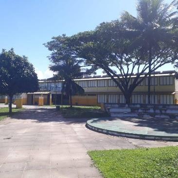 Na imagem há a presença de uma céu azul à luz do dia, logo abaixo está a escola, que possui paredes nas cores amarela e laranja. Em frente ao colégio há a presença de três árvores e a calçada com um gramado.