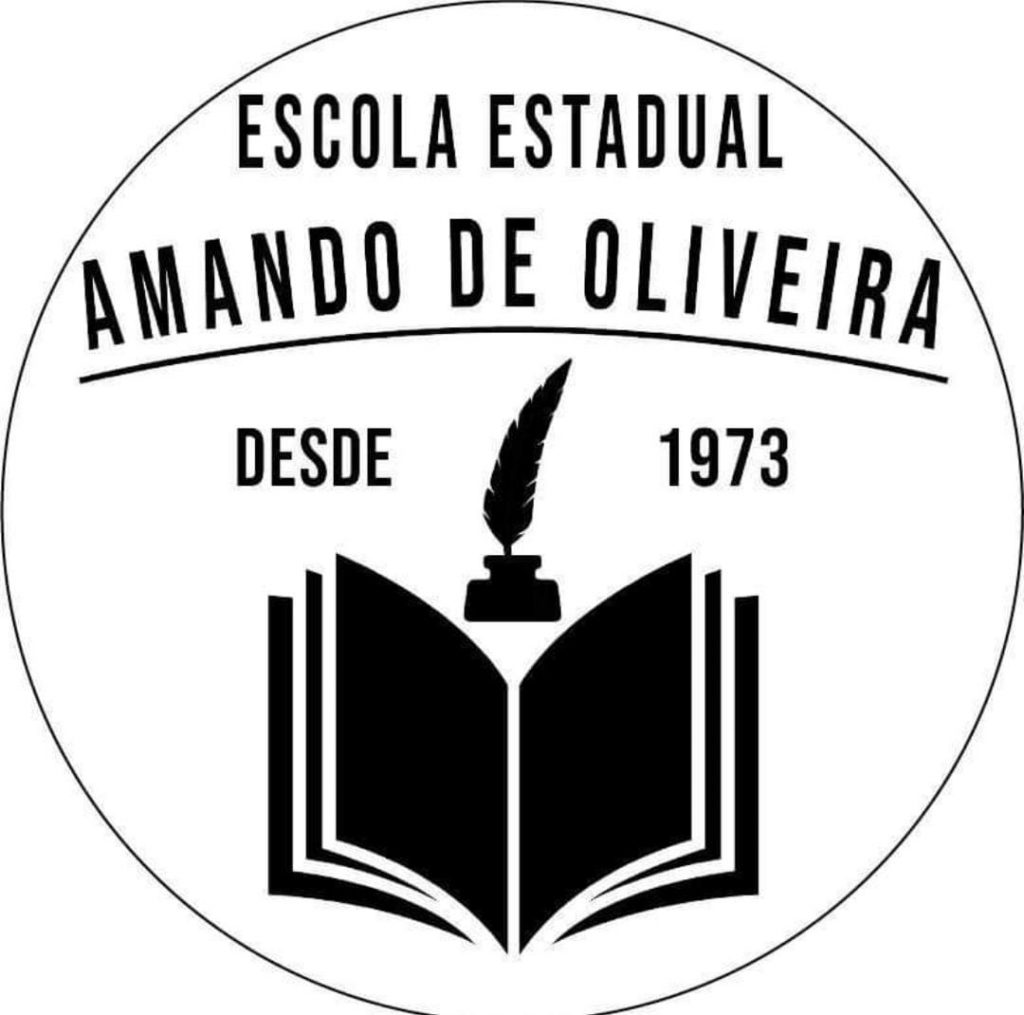 A imagem apresenta o escudo/símbolo da escola nas cores preto e branco com a figura de um livro e ima pena em preto escrito Escola Amando de Oliveira desde 1973.
