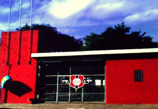 A imagem apresenta um céu com algumas nuvens, sob a luz do dia, além de algumas árvores ao fundo. Ao centro há a fachada do colégio com paredes vermelhas e um portão de grade branco. à frente há uma calçada e à direita um orelhão azul claro. 